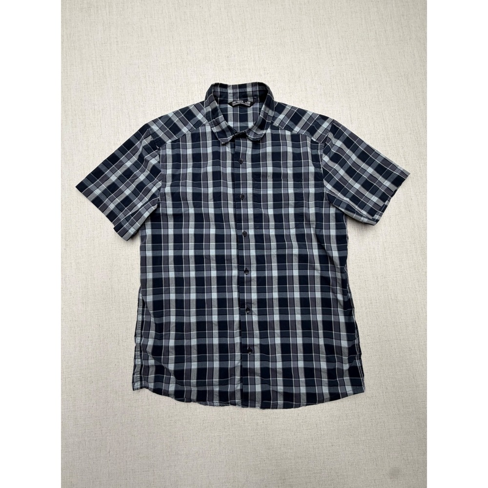 Arcteryx Mens Plaid Short Sleeve Button Down Shirt Blue Grey Size M Hiking